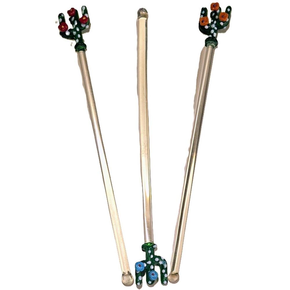 3-Vintage Charming Glass Swizzle Sticks w/Cacti & Red, Orange, Blue Flowers
